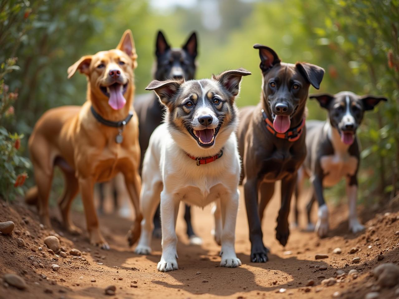 A group of rescued dogs of different breeds playing together at a South African animal shelter, showing the diversity and joy of rescue dogs